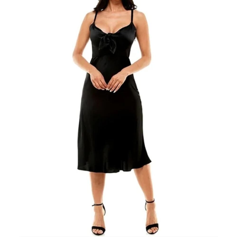 Socialite Midi Dress Women's Size Medium Black Satin Tie Front Sleeveless NWOT